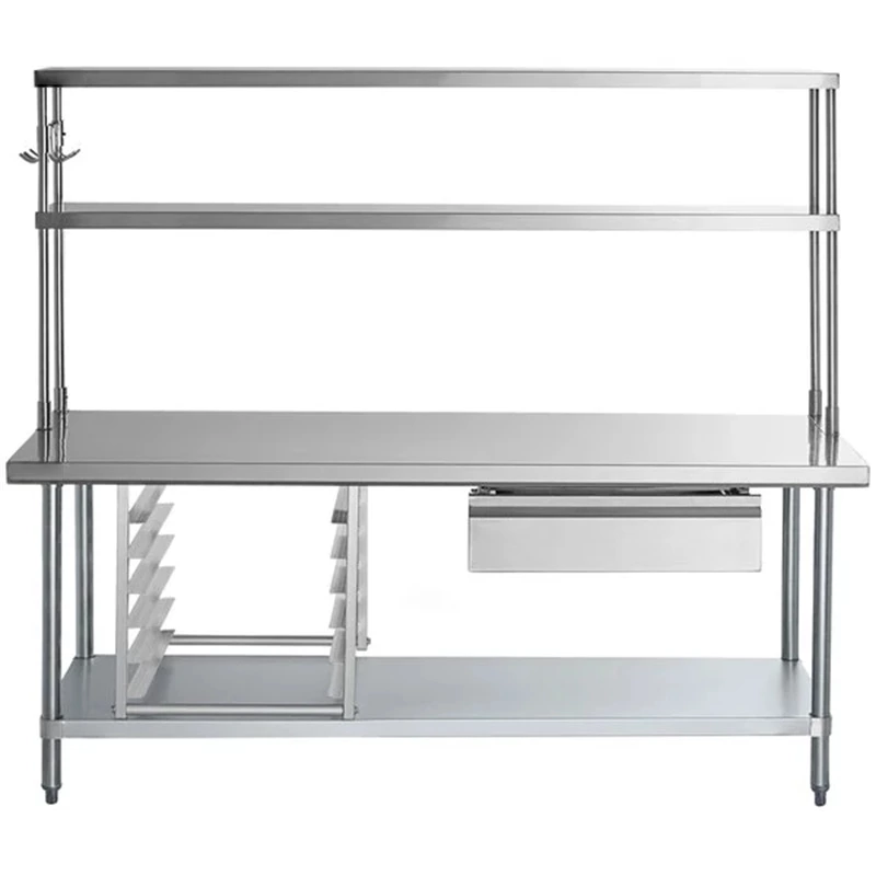 304 Stainless Steel Commercial Kitchen Work Table With Undershelf Overshelf Drawers Pot Rack Bun Pan Rack