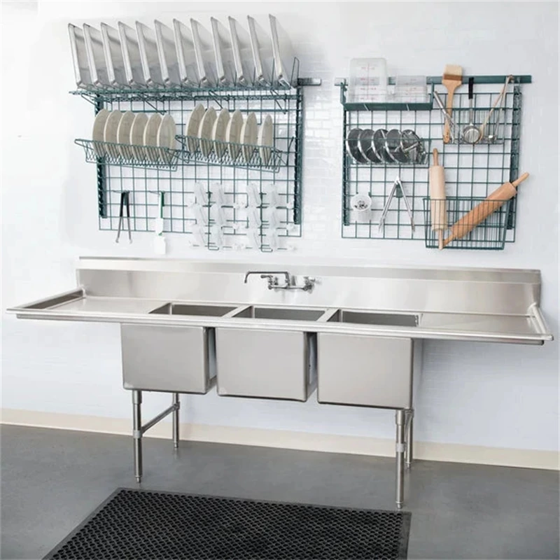 16-gauge Stainless Steel Commercial Kitchen Sink Three Compartment With 2 Drainboards Bowls