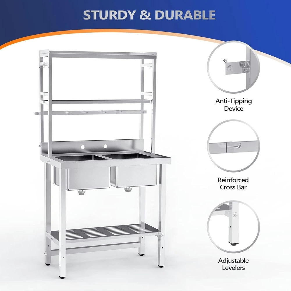 2-Compartment Commercial Sink with Shelves Over Drying Rack Underneath 304 Stainless Steel Sink Double Basin with Drain