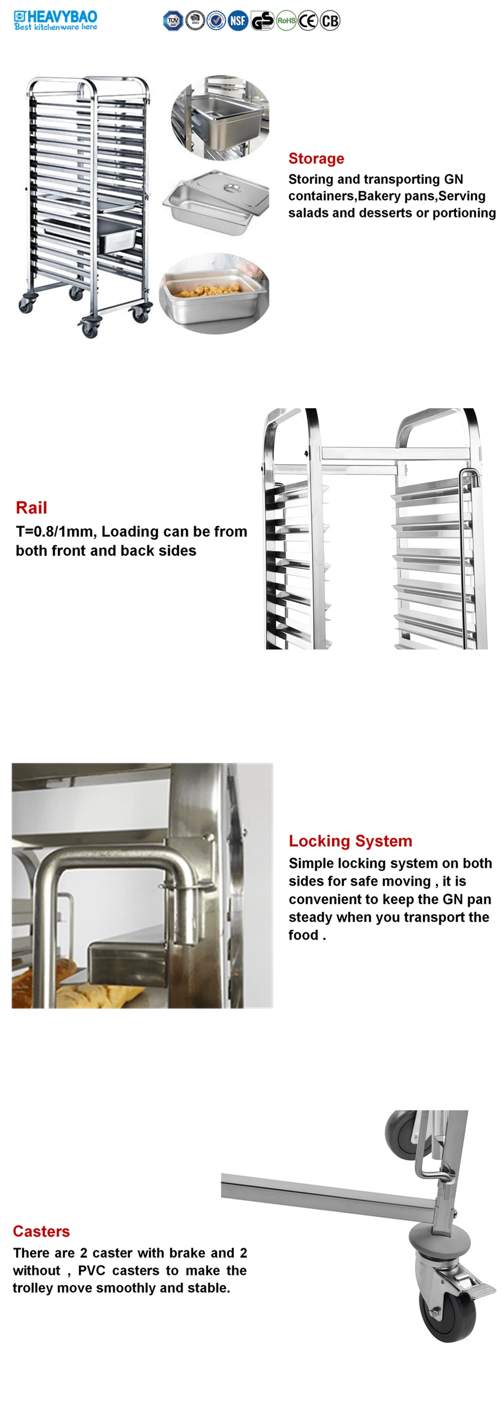 Heavybao Customized Stainless Steel Storage Rack Cart Hotel Equipment for GN Pans Kitchen Machines