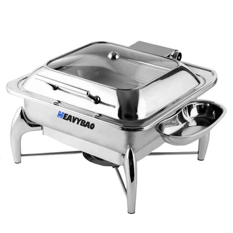 High Quality Used Food Commercial Stainless Steel Hot Pot Sets Food Warmers Kitchenware Square Glass Lid Chafing Dish