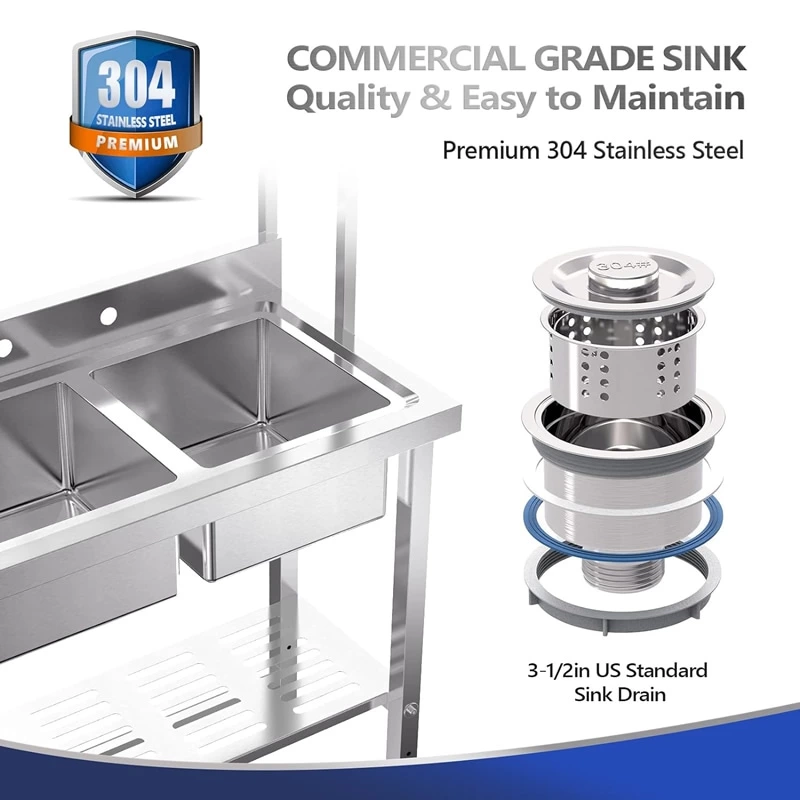 2-Compartment Commercial Sink with Shelves Over Drying Rack Underneath 304 Stainless Steel Sink Double Basin with Drain