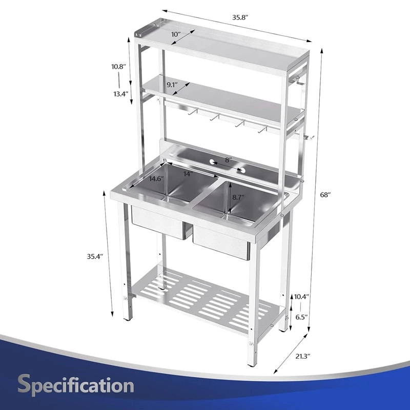 2-Compartment Commercial Sink with Shelves Over Drying Rack Underneath 304 Stainless Steel Sink Double Basin with Drain