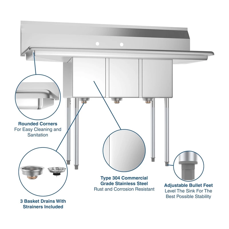 Compartment Stainless Steel NSF Commercial Kitchen Sink with Right and Left Drainboards Utility Restaurant Sink