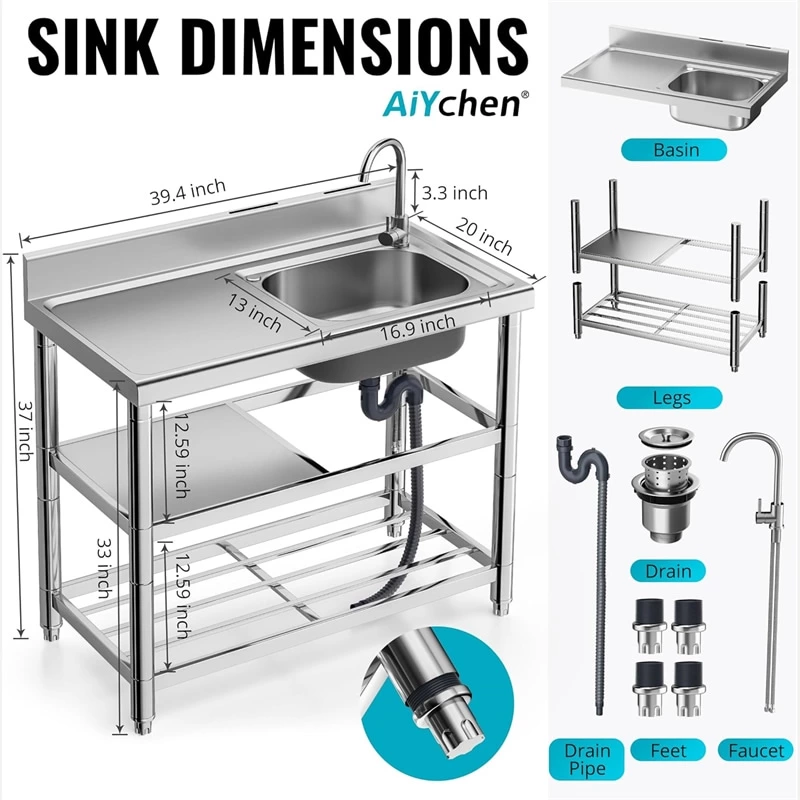 Free Standing Stainless Steel Sink Outdoor Sink with Hot cold Hoses for Garden Garage Utility Sink  Commercial Restaurant