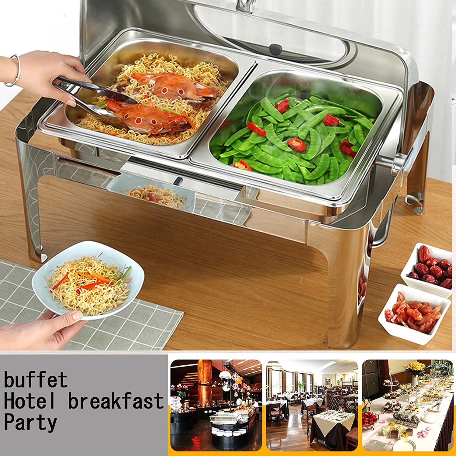 Commercial Used Food Stainless Steel Food Warmer Buffet Containers Warmers Round Roll Top Chafing Dish With Show Window