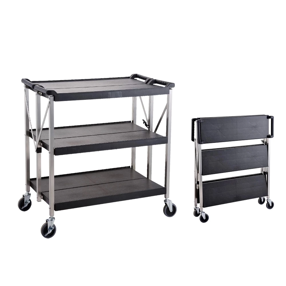 Commercial Grade Cart Wire Rolling Cart with Handle Bar Steel Service Cart with Utility Shelf Food Storage Trolley