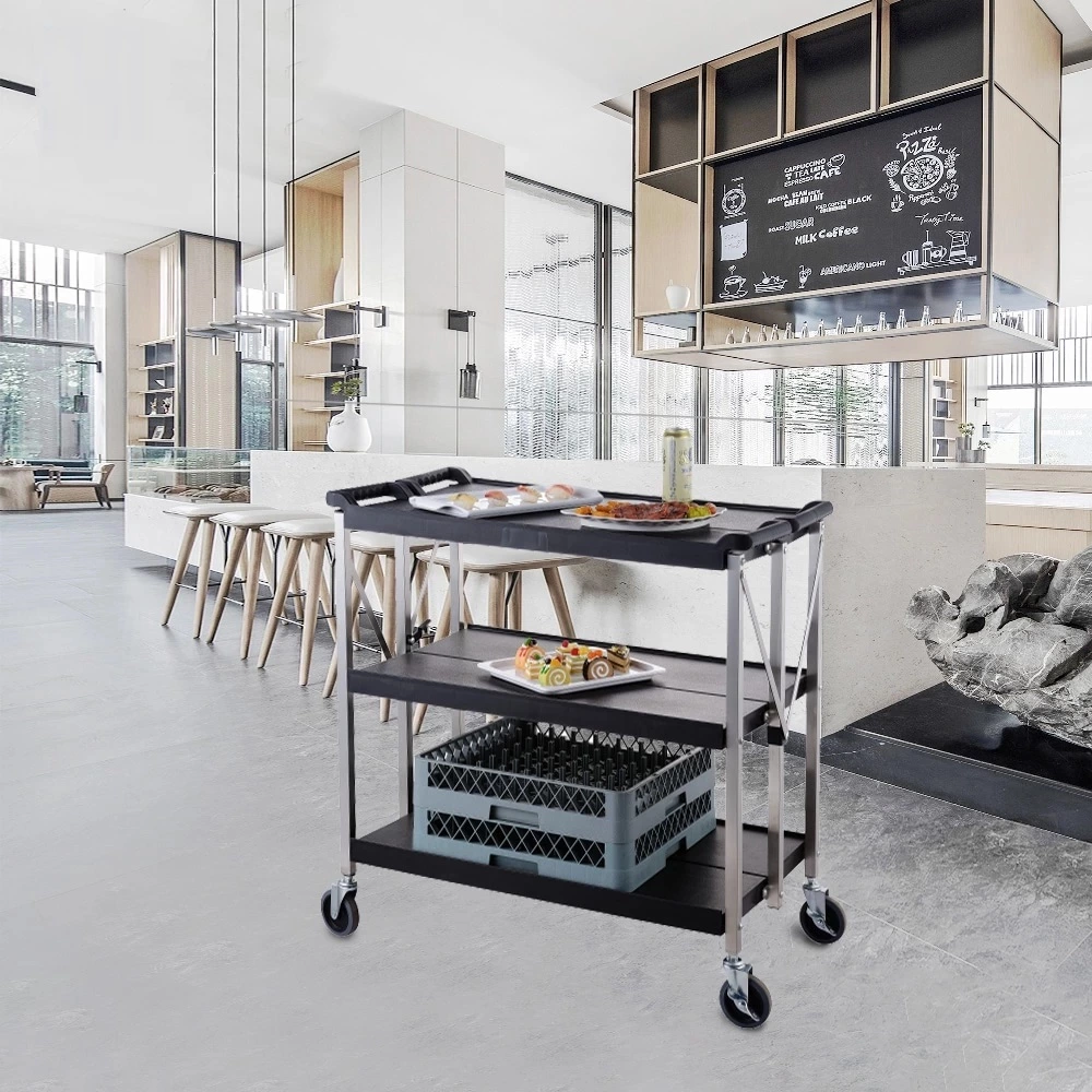 Commercial Grade Cart Wire Rolling Cart with Handle Bar Steel Service Cart with Utility Shelf Food Storage Trolley